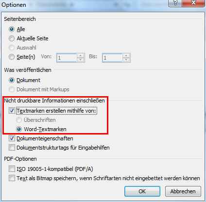 Optionen zum PDF-Export in Word