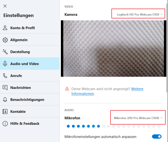 Mikrofon und Webcam auswhlen