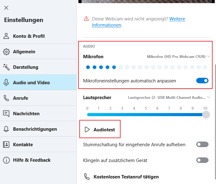 Kamerafunktion testen