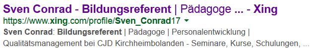 Suchergebnis eines Profils in Google