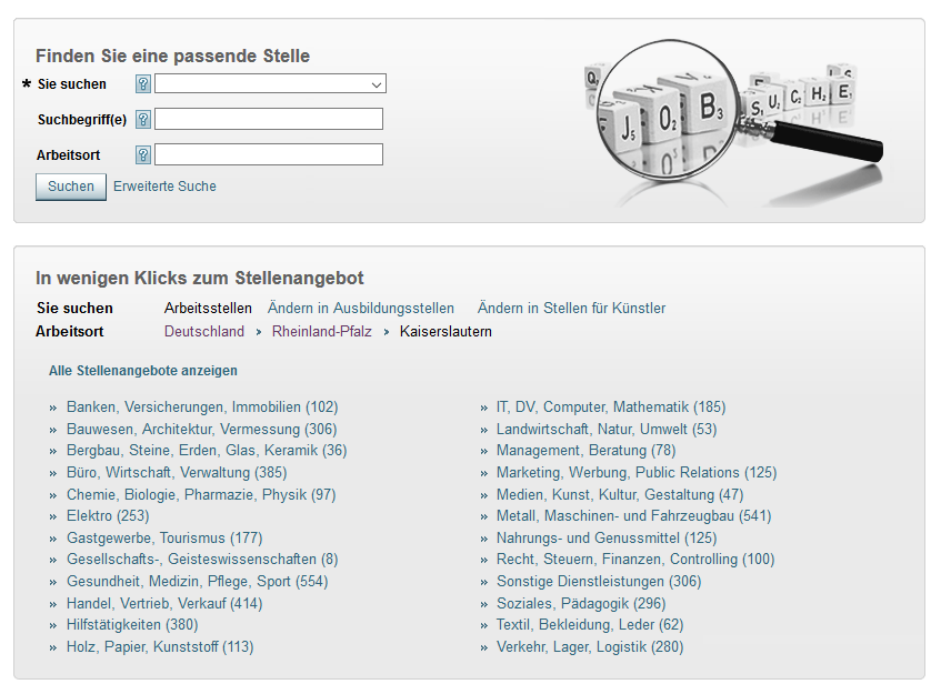 Suchoptionen in der Agentur-Jobbrse